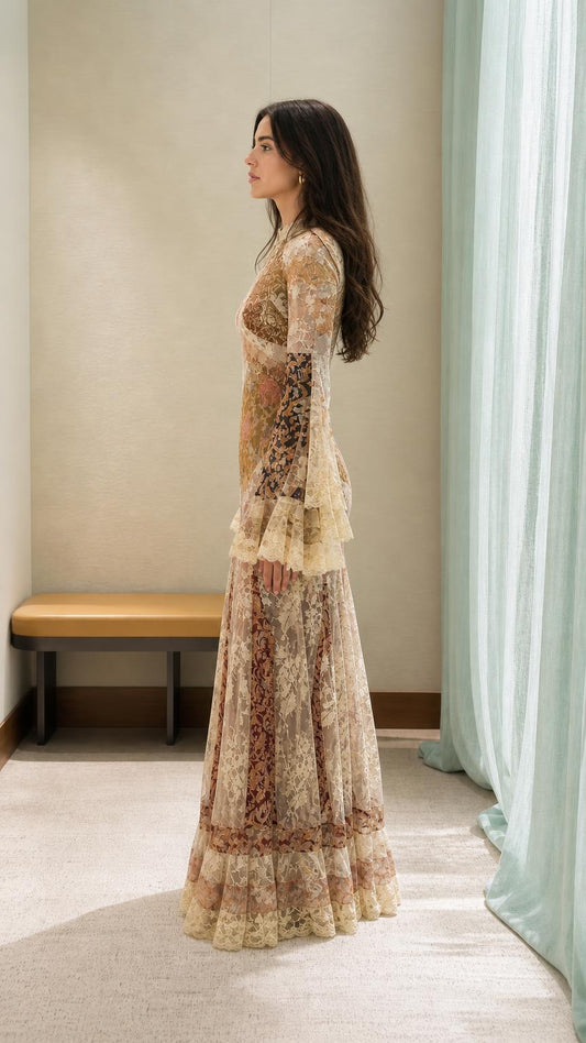 Side profile view of model wearing the long sleeve lace maxi dress