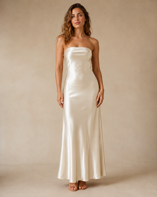 Front view of champagne strapless satin-look maxi dress with glossy finish and full length silhouette