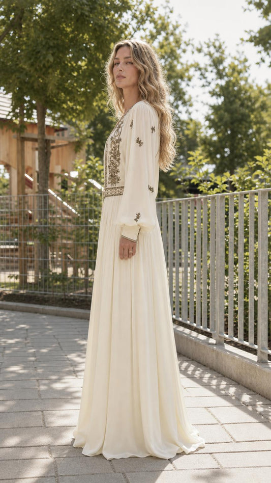 Side profile of Ivory maxi dress