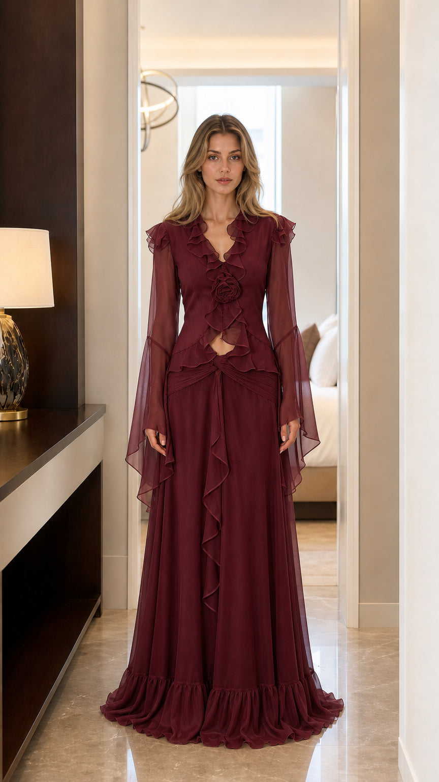 Front view of burgundy formal maxi dress