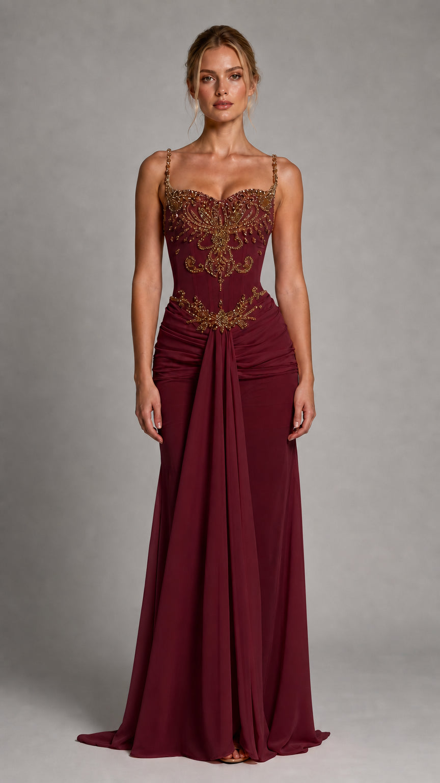 Front view of burgundy evening gown variant