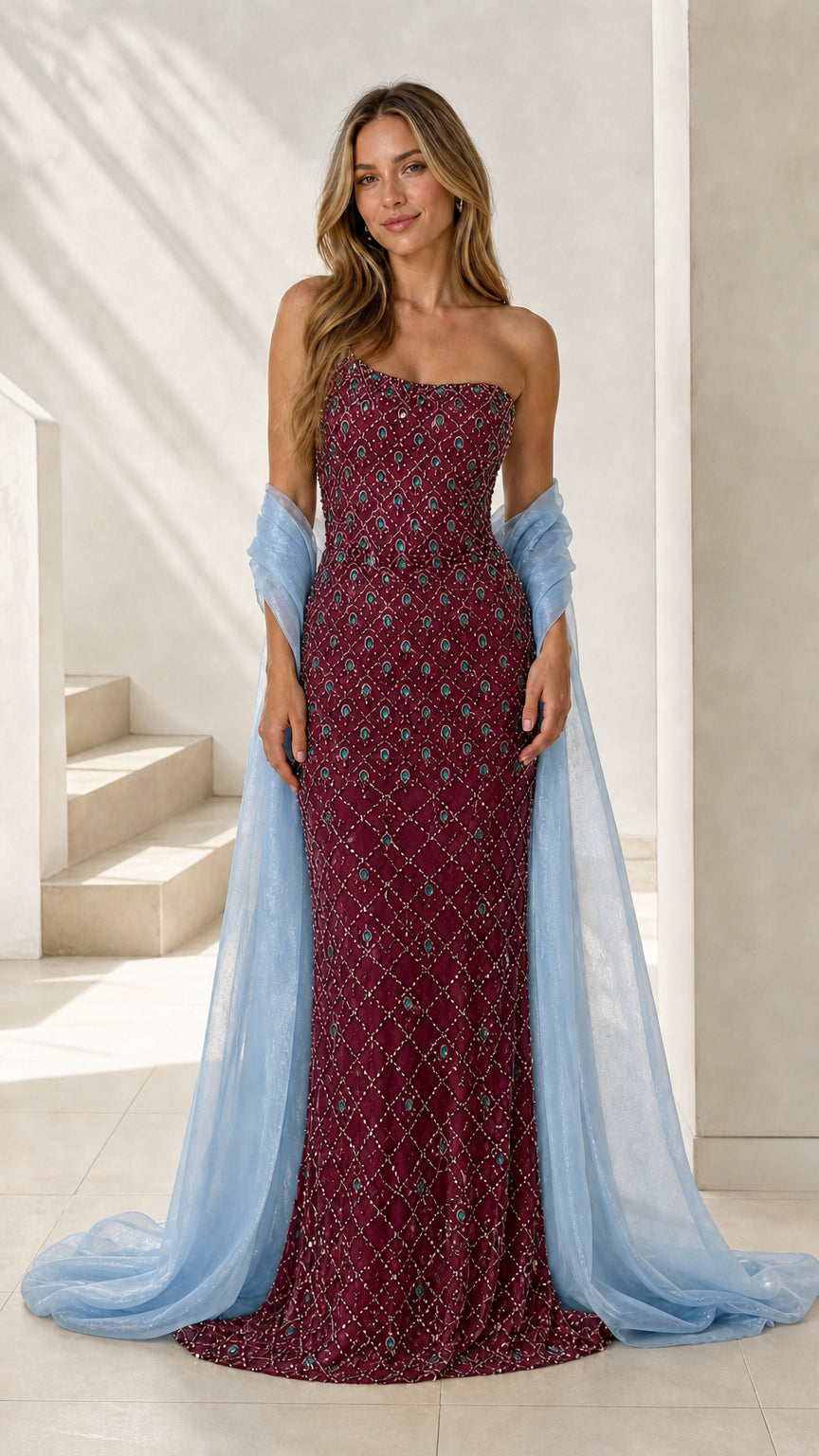 Front view of burgundy variant beaded evening gown