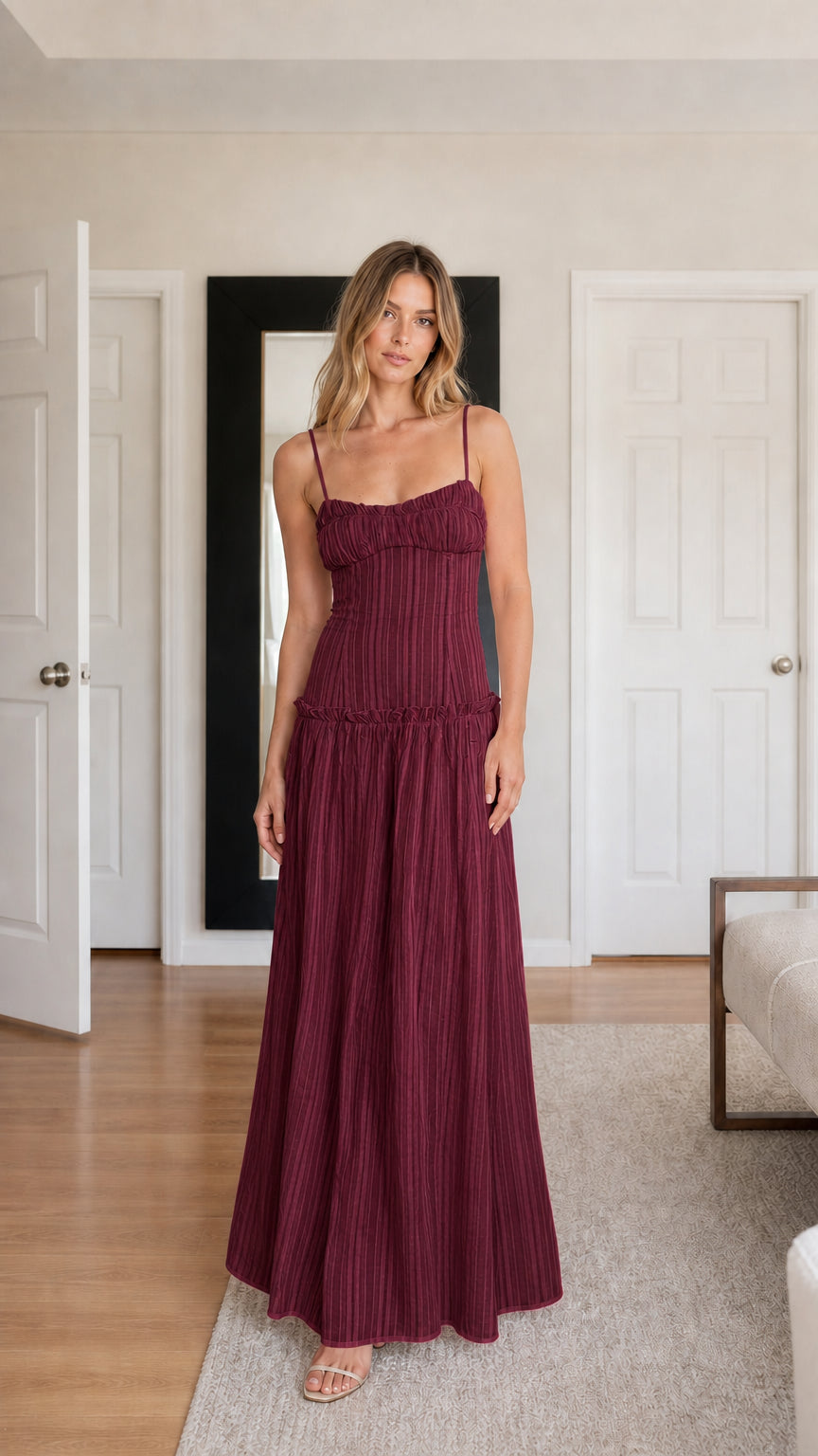 Front view of model wearing Burgundy pleated cami maxi dress