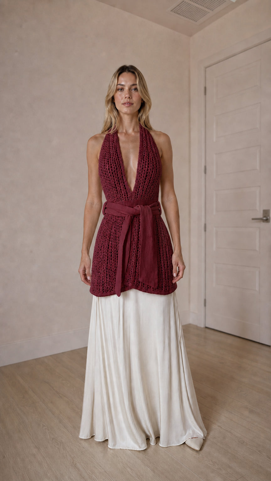 Front view of burgundy open knit halter top and maxi skirt set