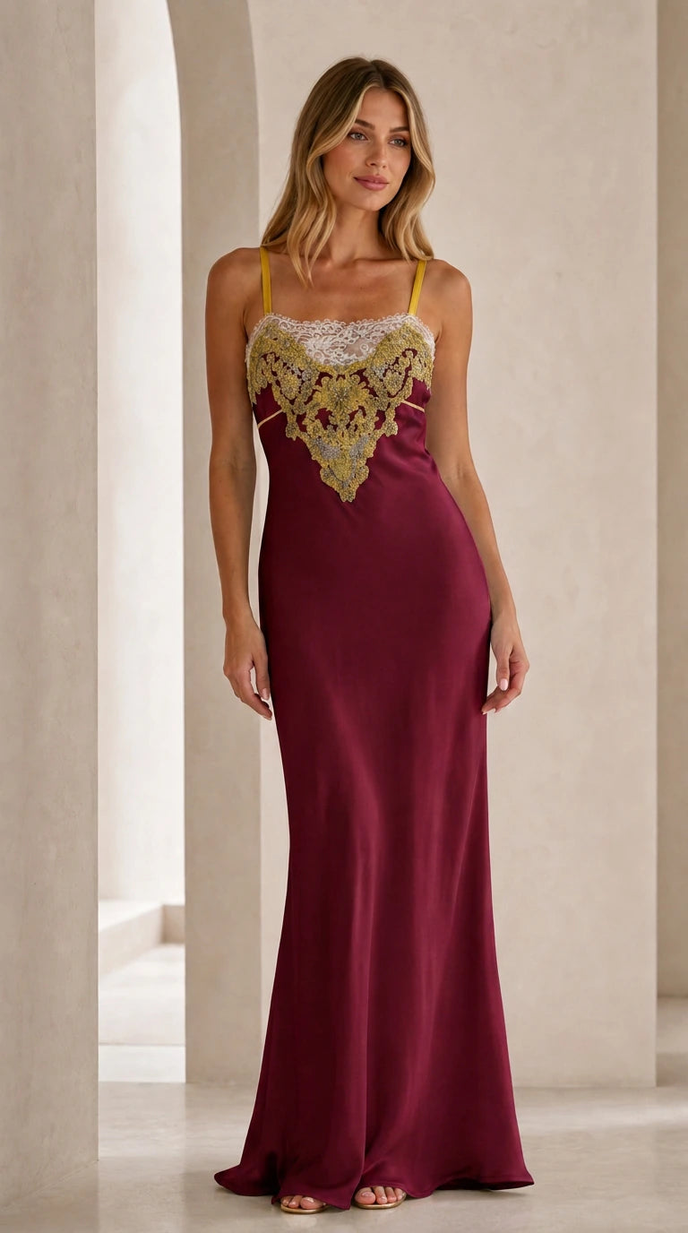 Front view of burgundy satin slip maxi dress with embroidered bodice
