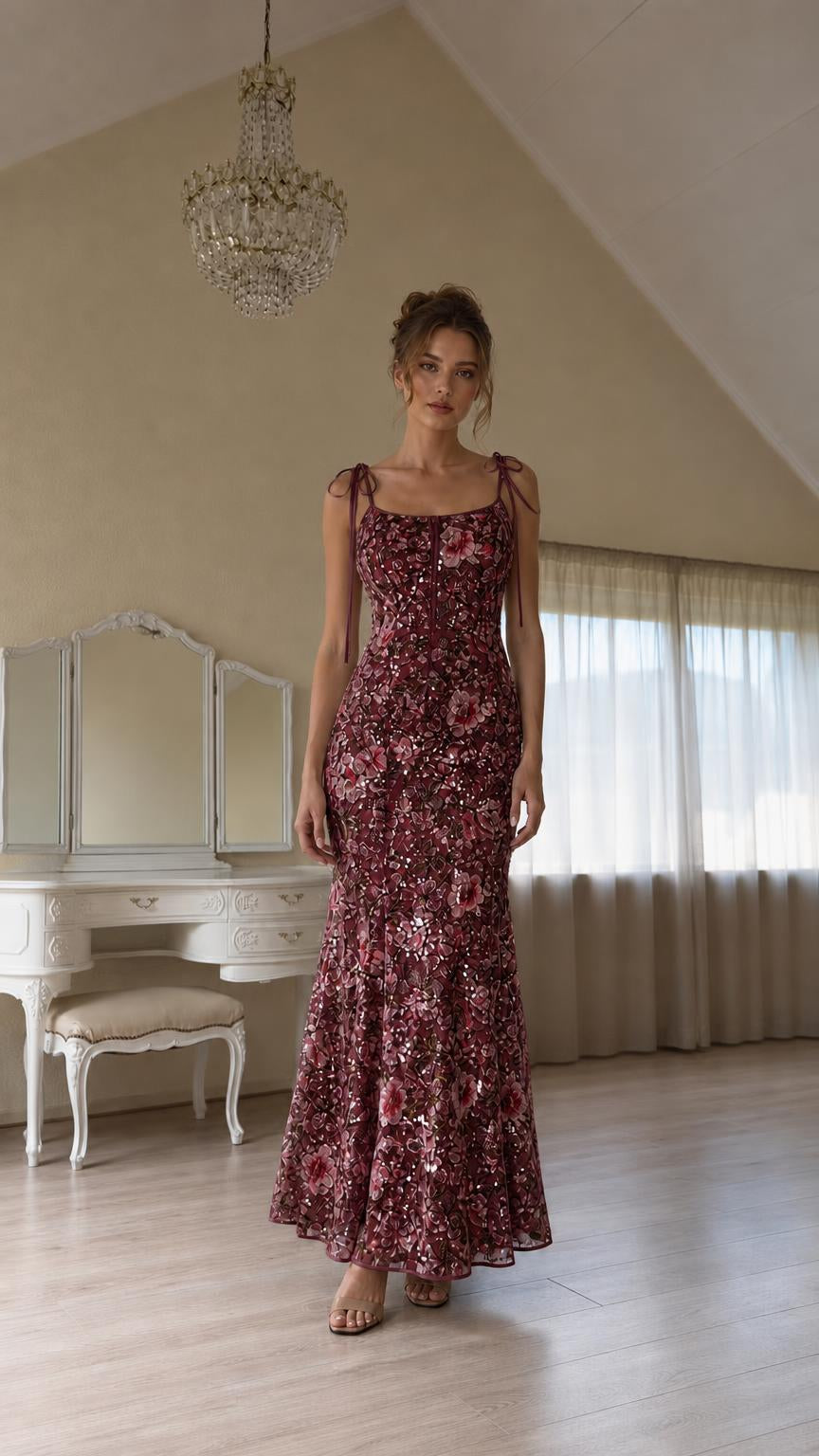 Front view of burgundy color variant with floral sequins