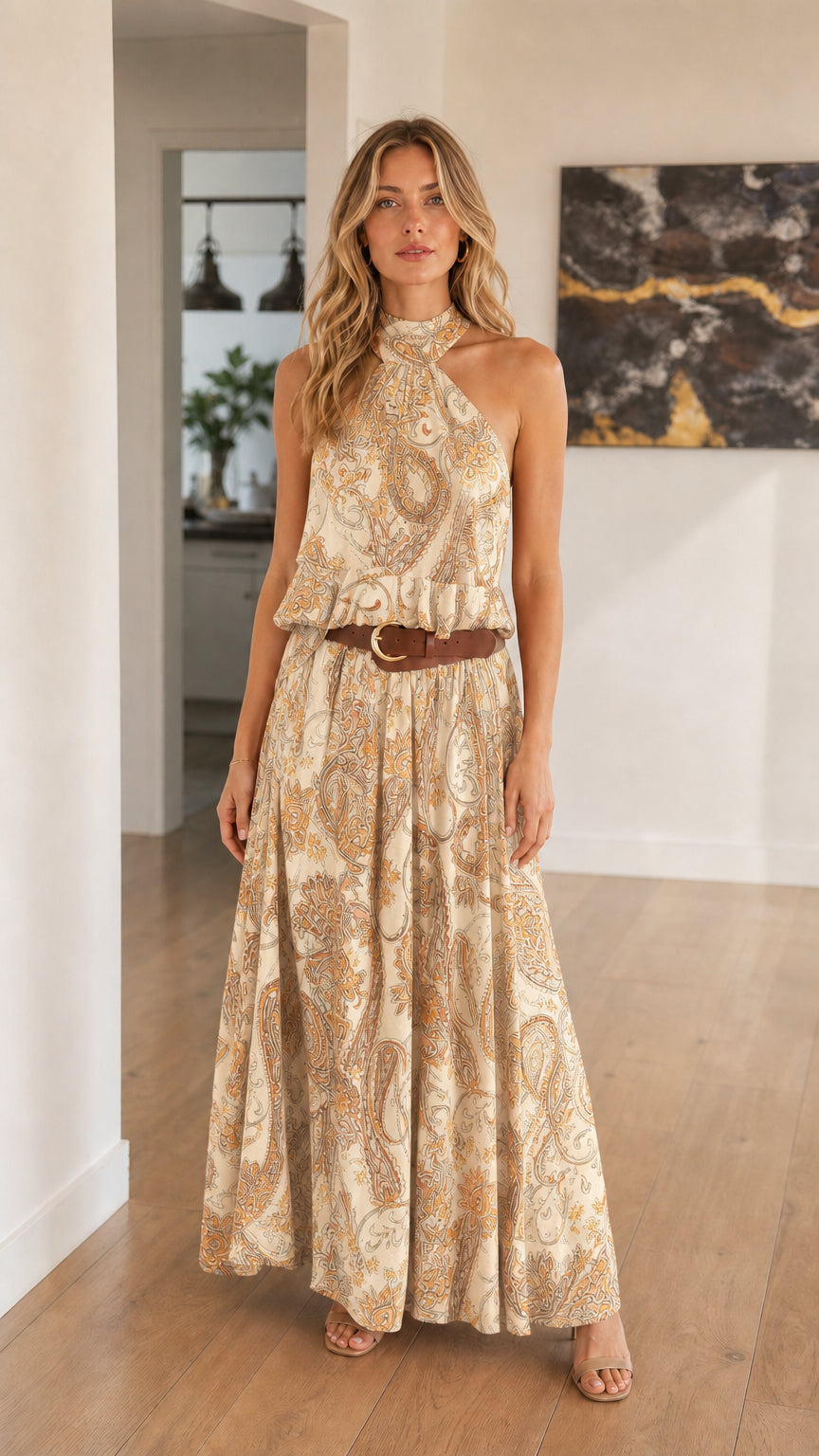 Woman wearing Beige Bohemian Paisley Halter Maxi Dress