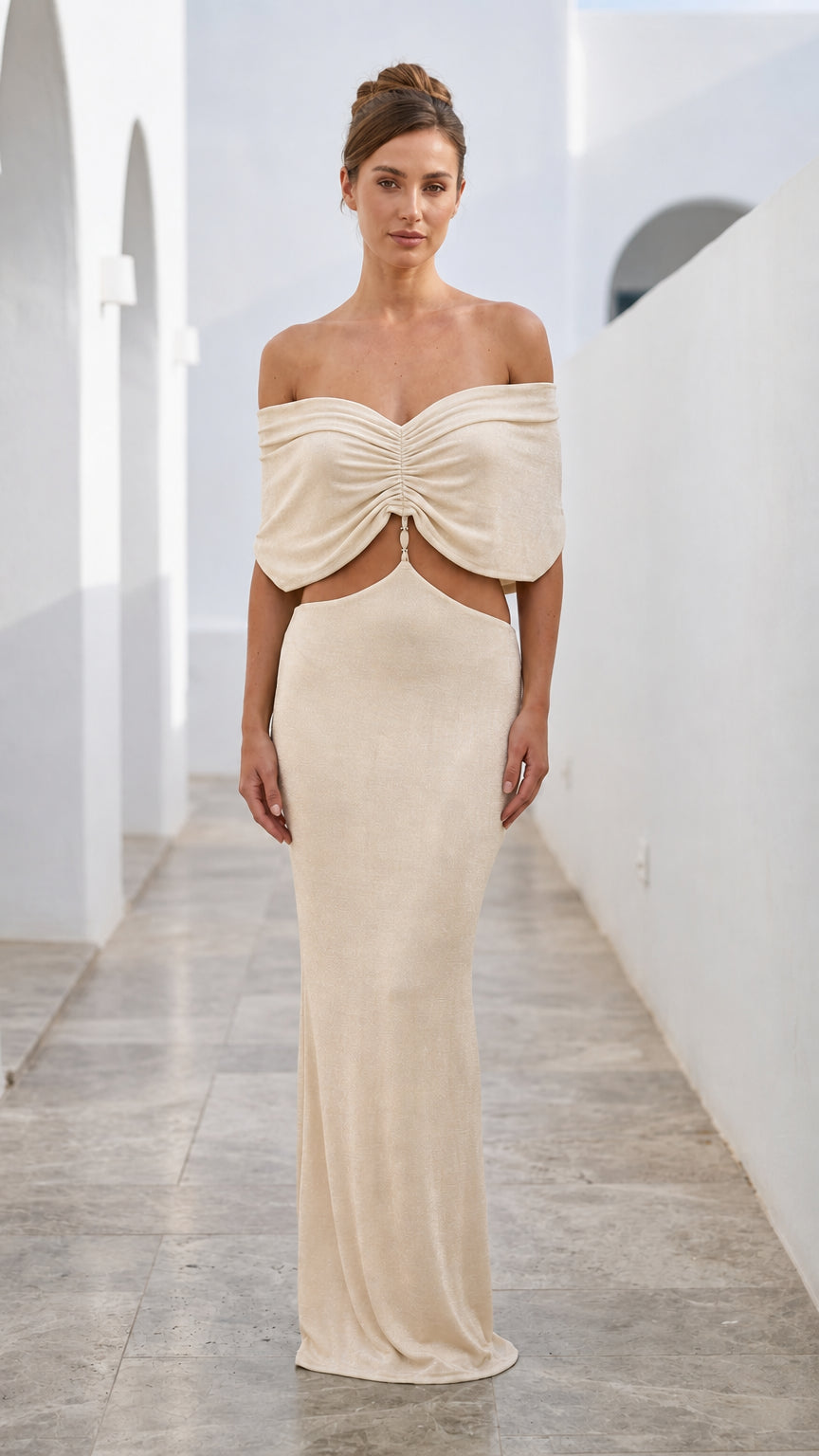 Champagne off-shoulder cutout maxi dress front view