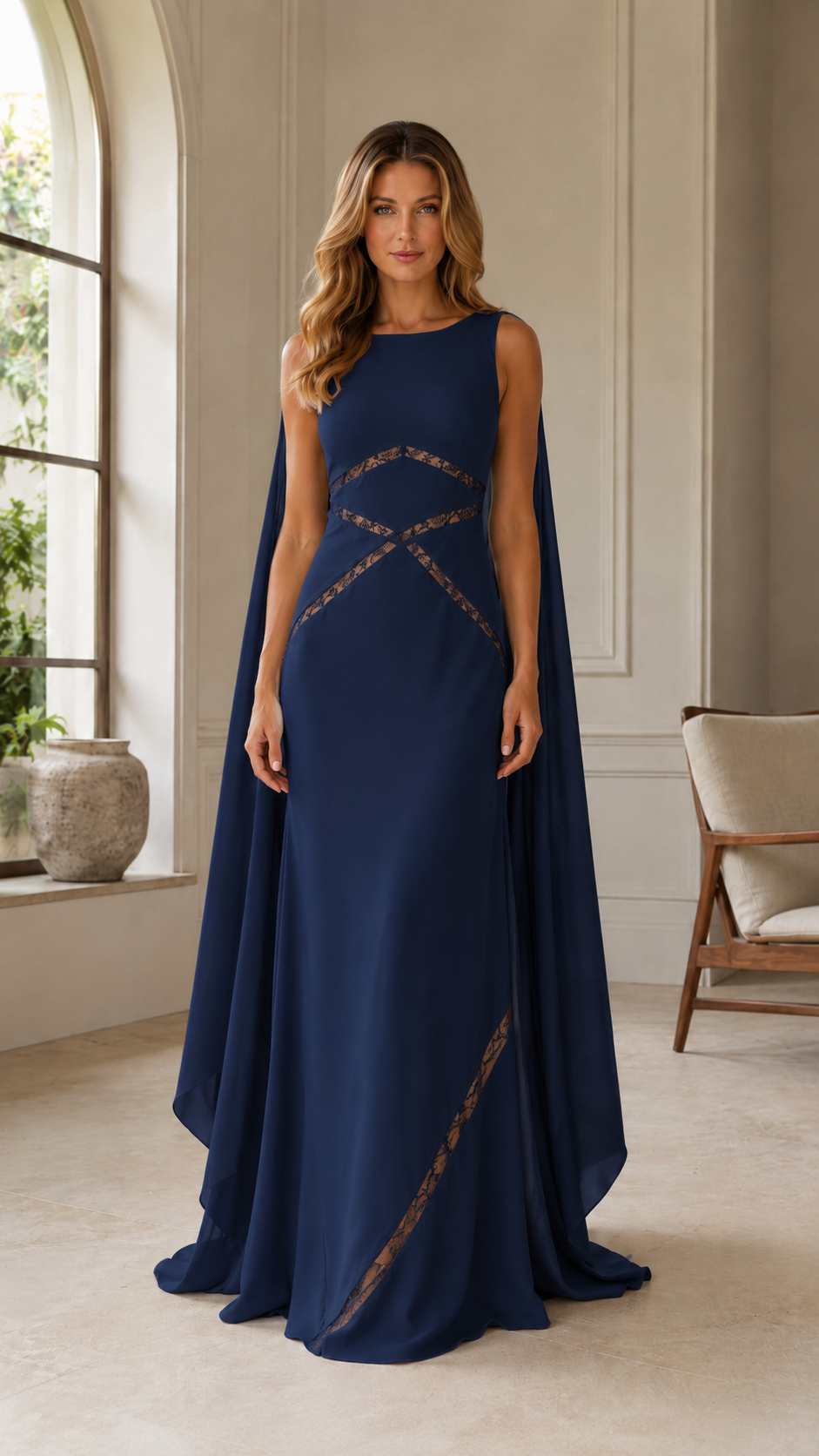 Navy blue elegant evening gown with cape sleeves and shimmer waist design