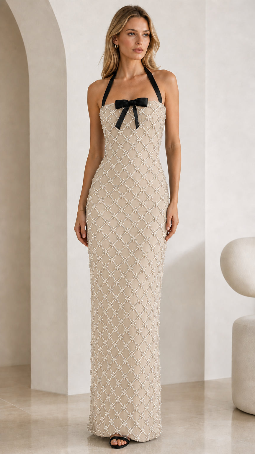 Champagne rhinestone halter maxi dress