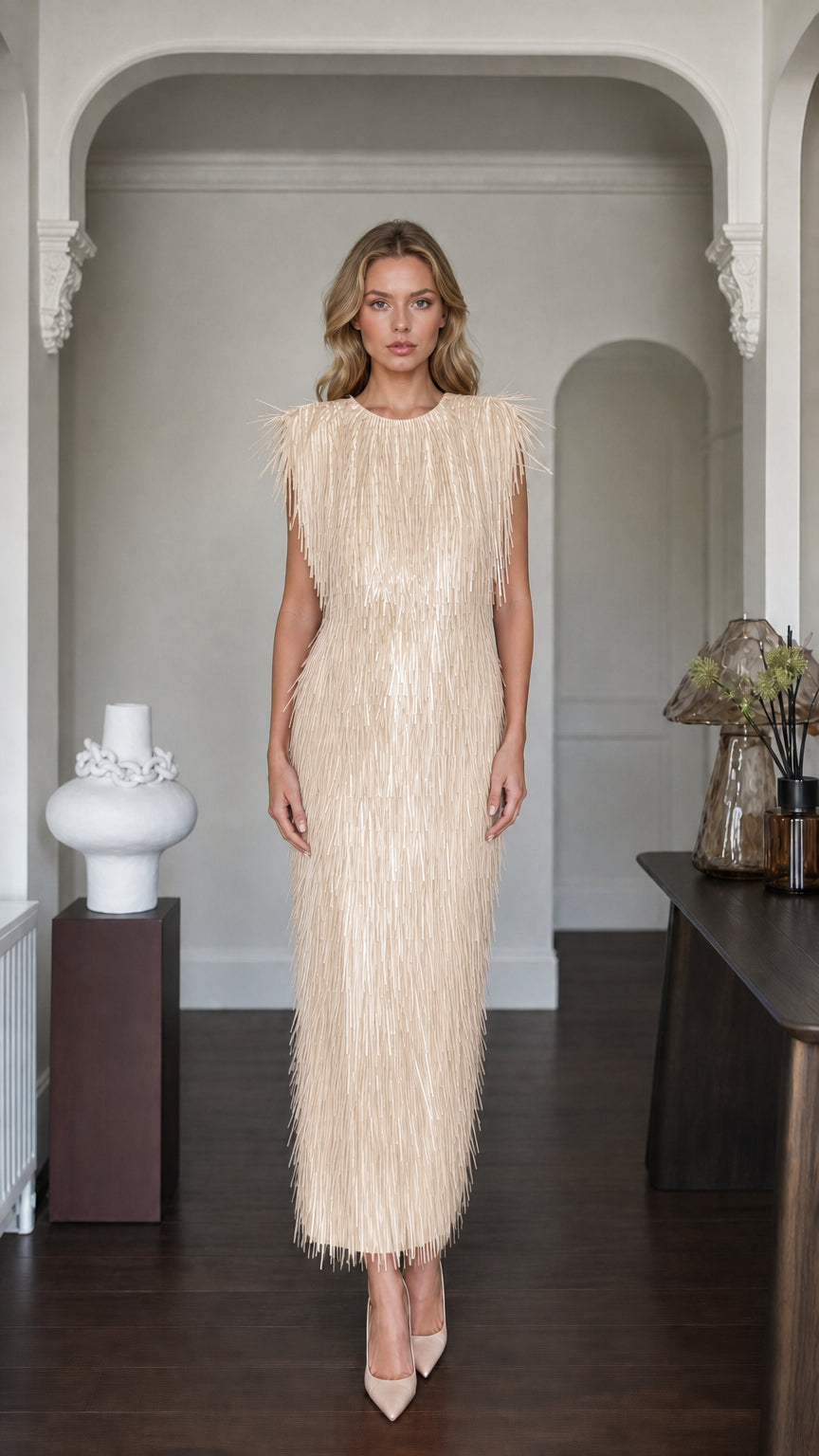 Front view of champagne fringe maxi dress