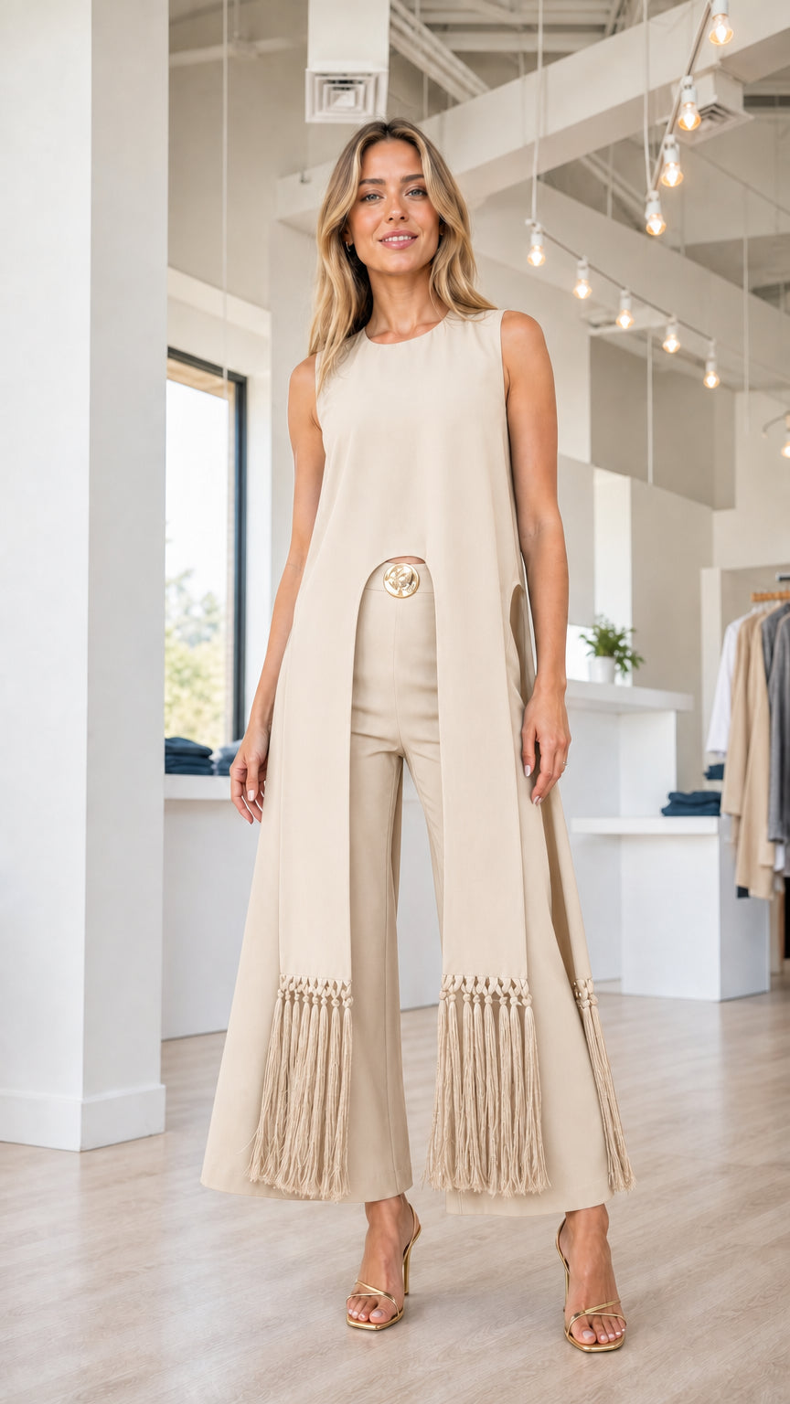 Model wearing beige tunic and fringe hem pants set