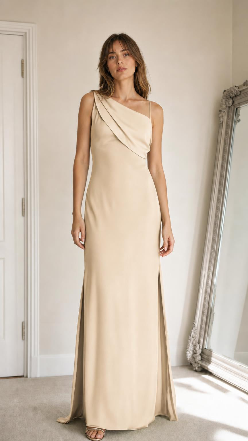 Front view of champagne one-shoulder maxi dress