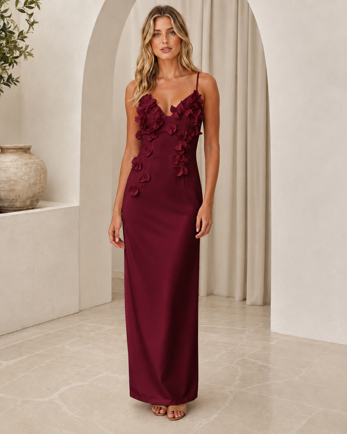 Burgundy floral appliqué cami maxi dress front view