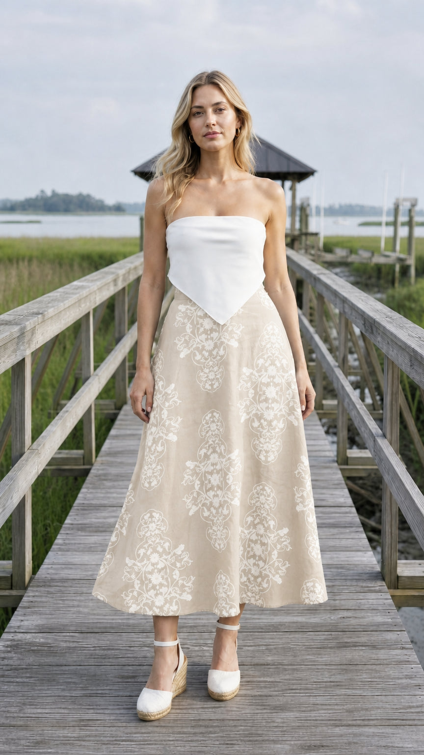 Front view of beige floral midi skirt variant