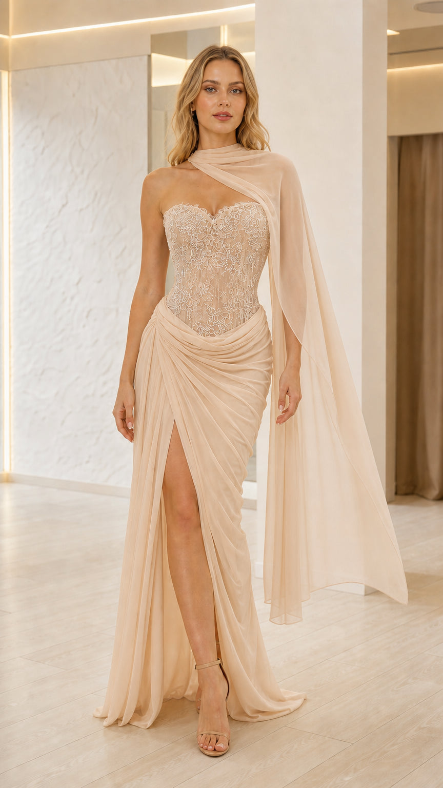 Champagne lace corset maxi dress with sweetheart neckline and sheer cape
