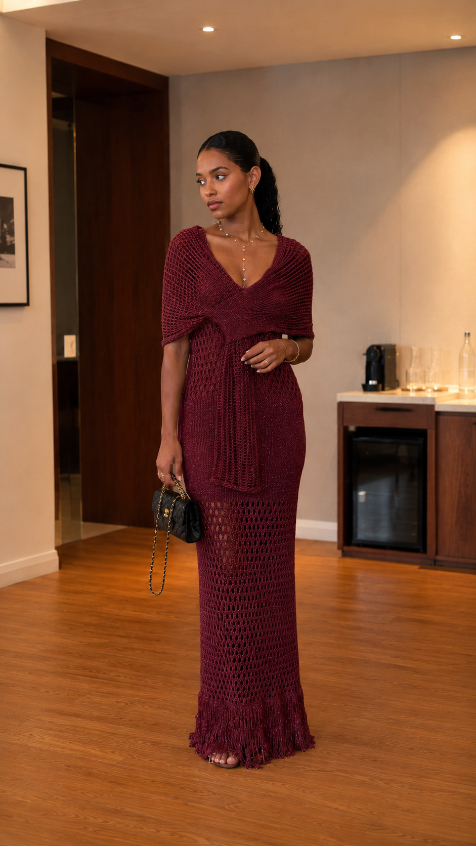 Burgundy open knit maxi dress with V-neck and statement fringe hem