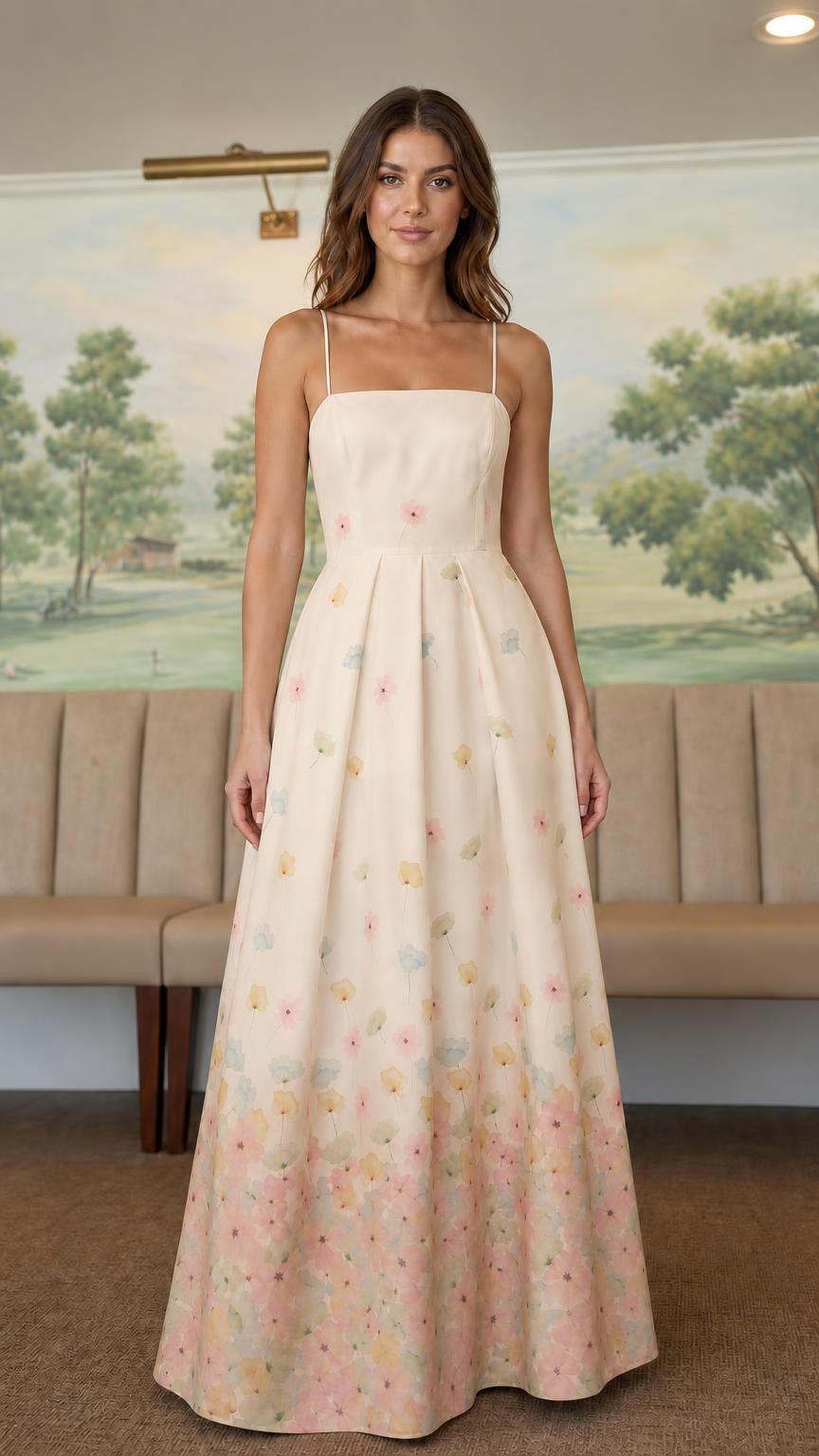 Front view of champagne floral ombre maxi dress