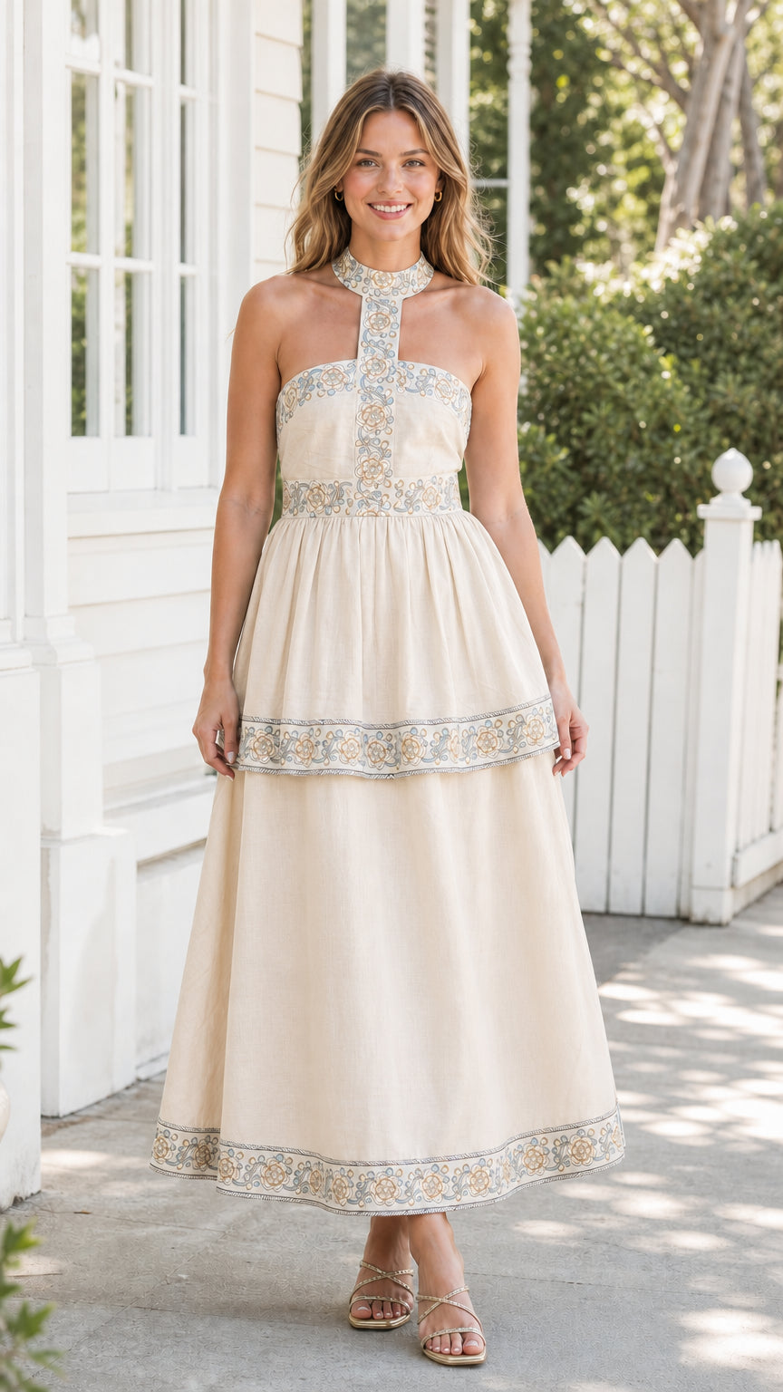 Model wearing cream embroidered halter midi dress