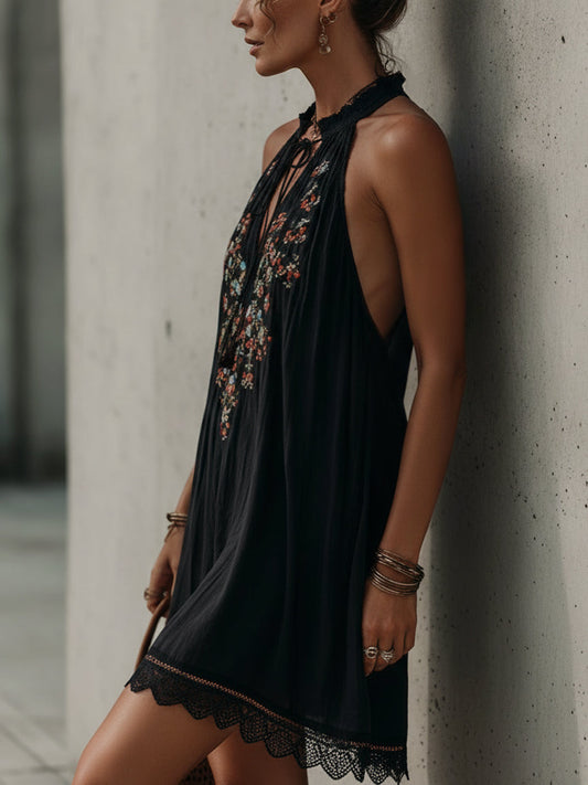 Black Embroidered Cotton Mini Dress