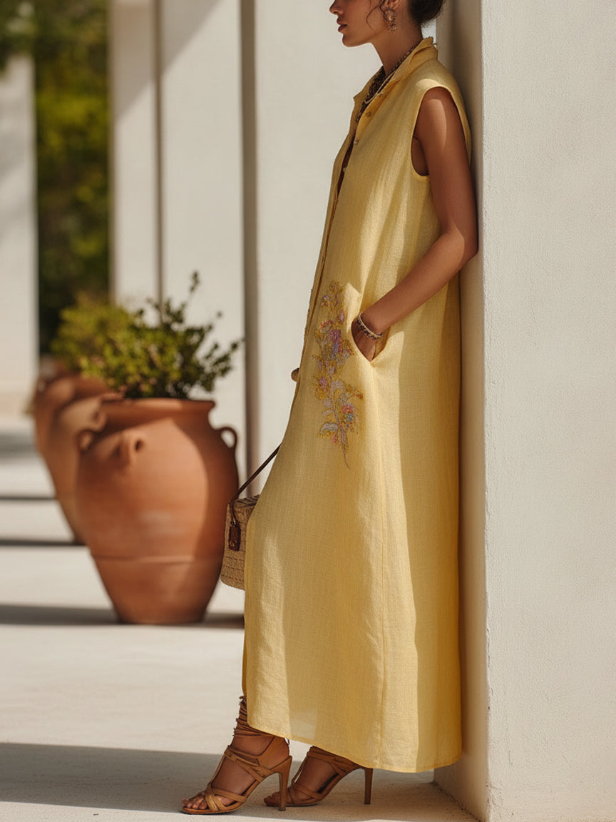 Sunshine Linen Blend Embroidered Maxi Dress