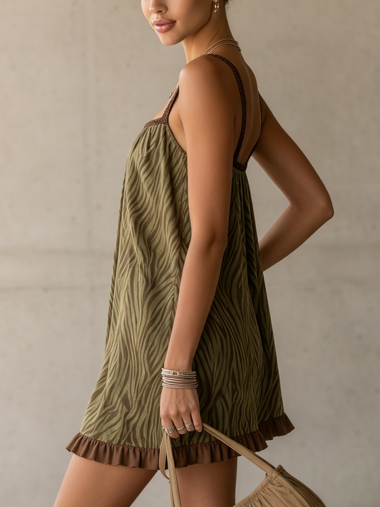Olive Green Zebra Print Mini Dress With Woven Trim And Ruffled Hem