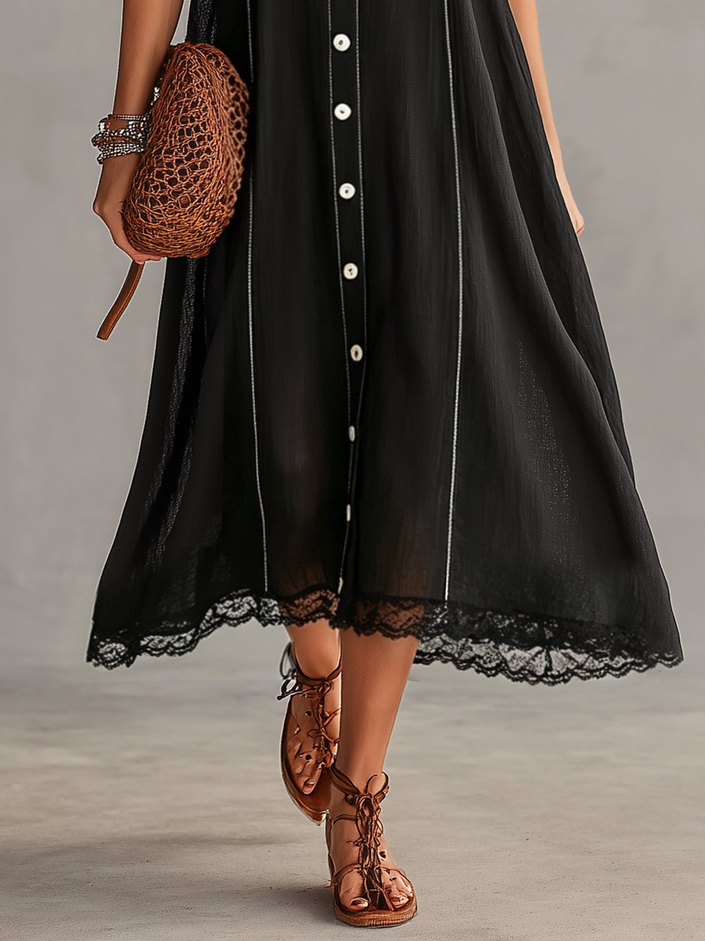 Black Sleeveless Embroidered Linen Maxi Dress