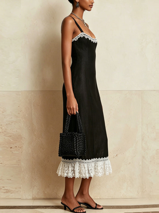Black Midi Dress With White Lace Trim