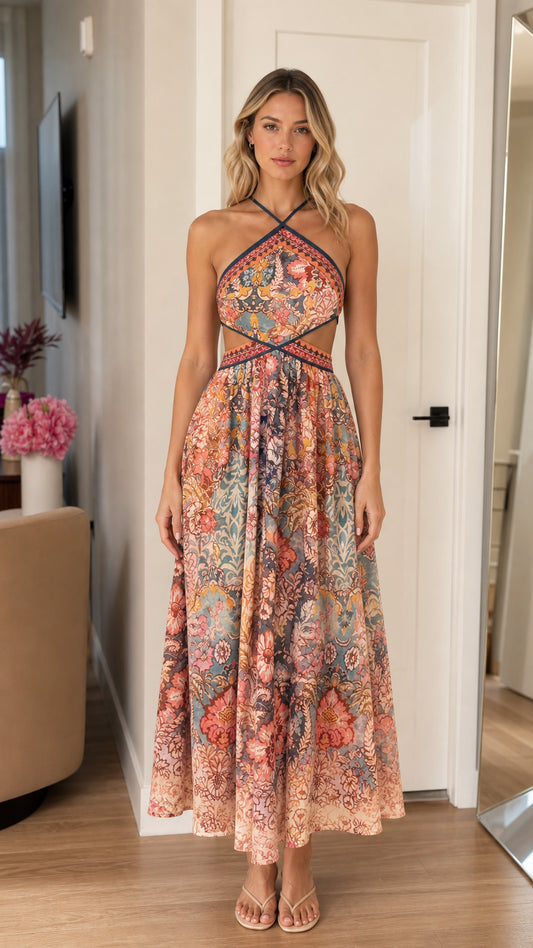 Front view of the boho halter neck cutout print maxi dress in multi