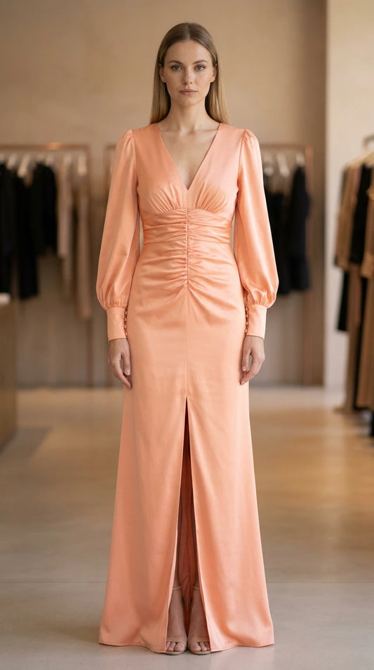 Model wearing peach ruched v-neck long sleeve maxi dress front view