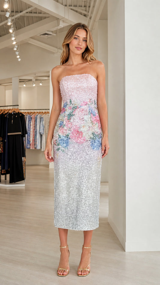 Model wearing pink floral sequin strapless midi dress from the front