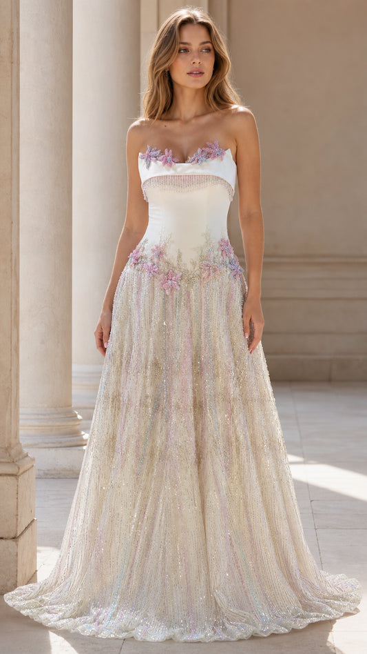 Front view of ivory strapless beaded evening gown