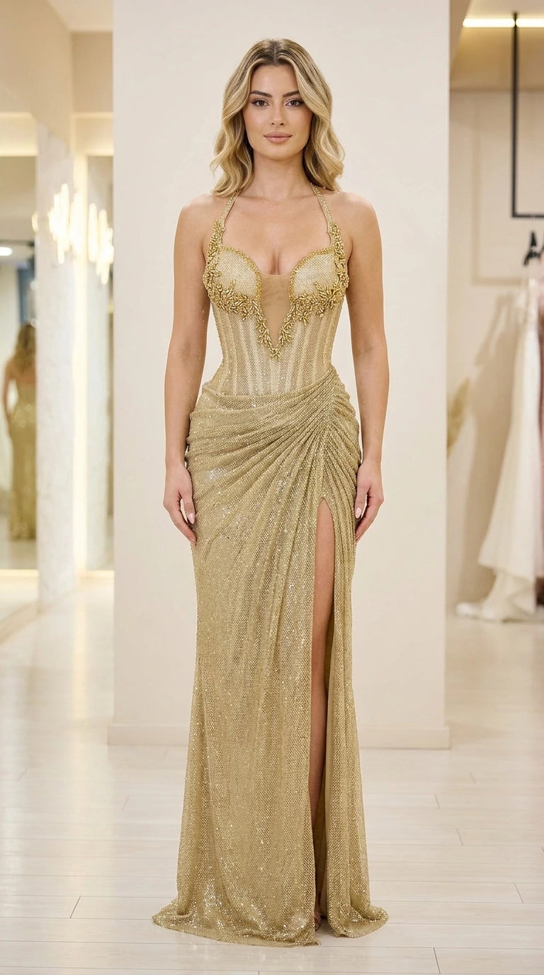 Front view of gold glitter halter evening gown