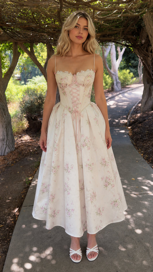 Front view of cream floral lace-up corset midi dress