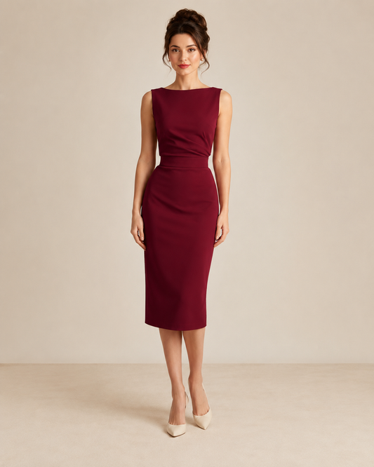 Front view of burgundy sleeveless ruched waist midi sheath dress with boat neckline