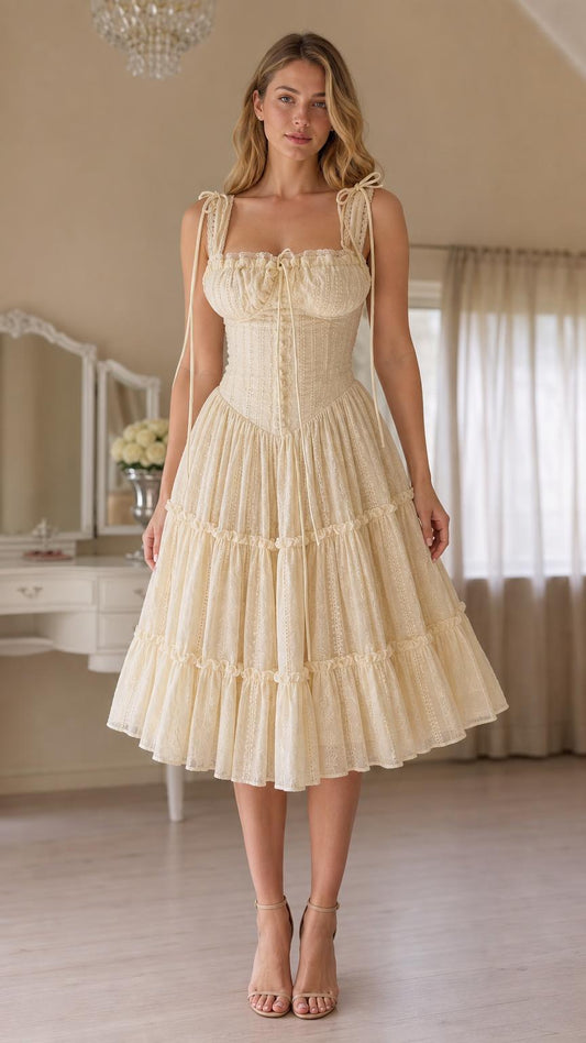 Front view of cream vintage corset tiered midi dress