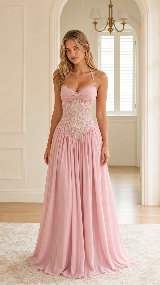 Front view of model wearing pink halter lace bodice chiffon evening gown