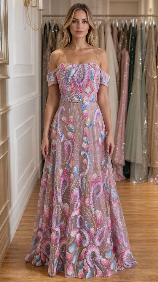 Front view of pink embroidered off-shoulder evening gown