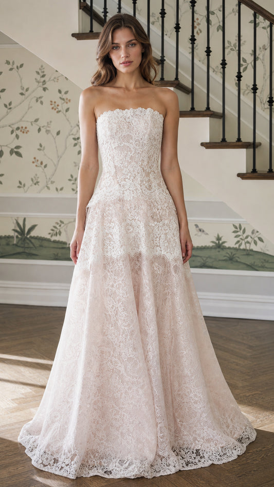 Front view of champagne strapless lace evening gown