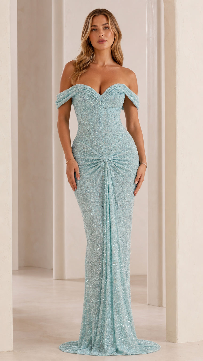 Front view of model wearing light blue off-shoulder sequin mermaid gown