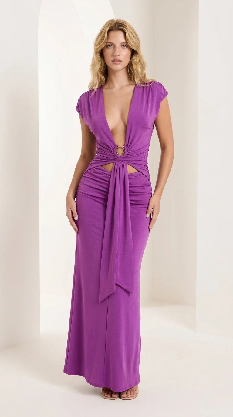 Front view of woman wearing purple plunge neck O-ring maxi dress