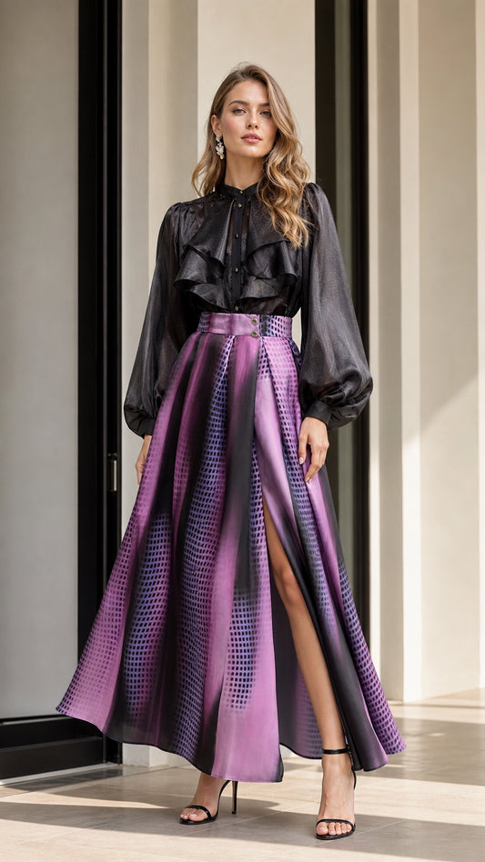 Model wearing purple gradient maxi skirt and black ruffle blouse, front view