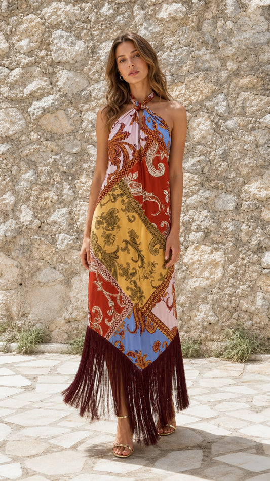 Front view of model wearing Multicolor paisley halter fringe maxi dress