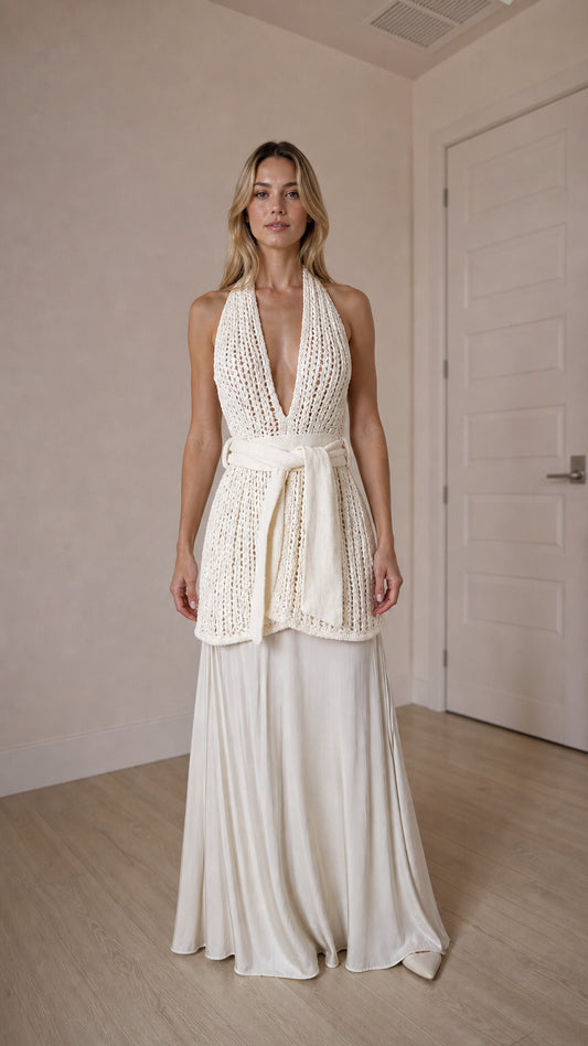 Front view of ivory open knit halter top and maxi skirt set