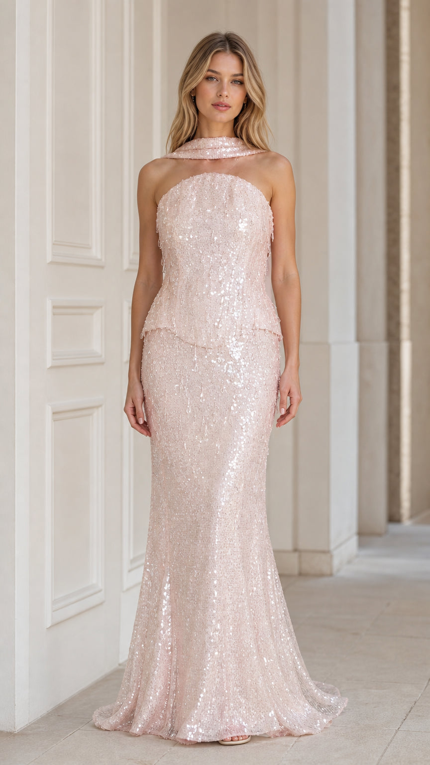 Front view of pink sequin mermaid evening dress with matching scarf