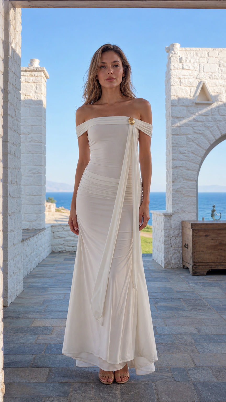 Front view of white off-shoulder draped maxi dress
