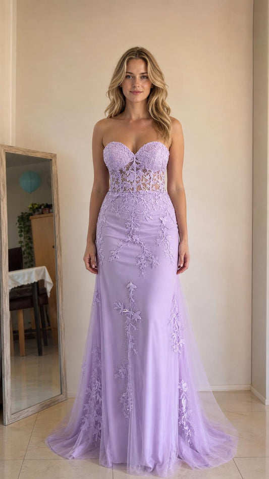Front view of lavender strapless mermaid evening gown