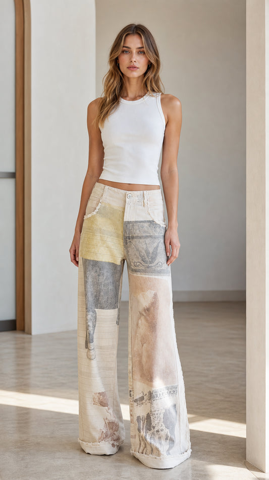 Front view of model wearing white patchwork wide leg jeans