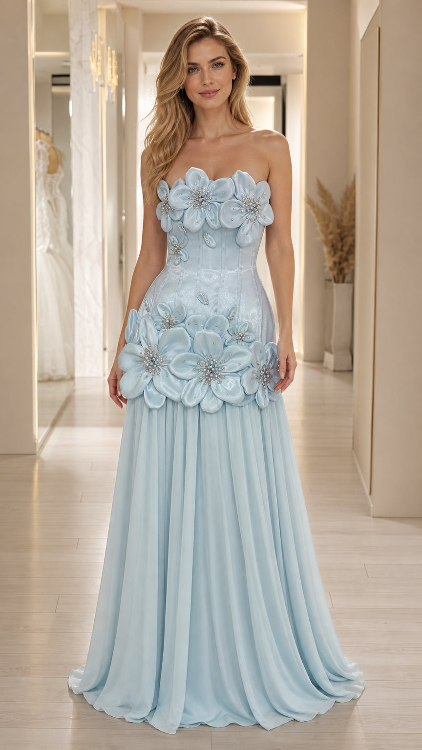 Front view of light blue 3D floral strapless evening gown