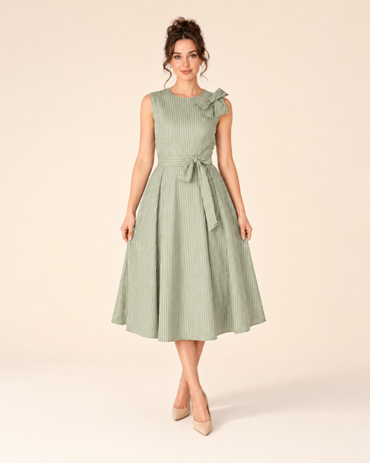 Front view of sage sleeveless striped midi dress with shoulder bow and tie waist